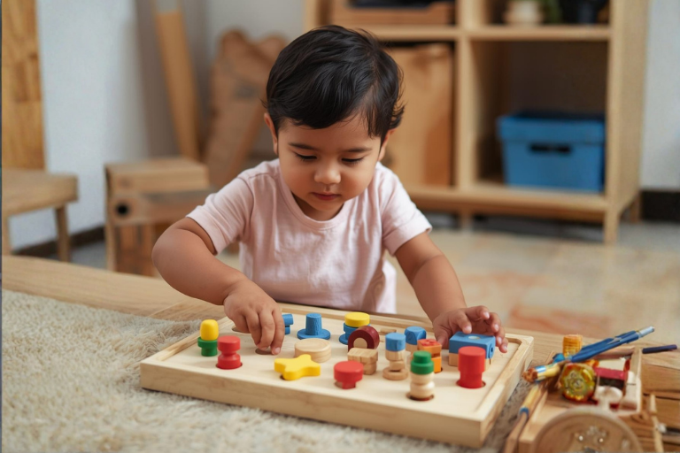 kid playing with Sensorial Montessori Materials